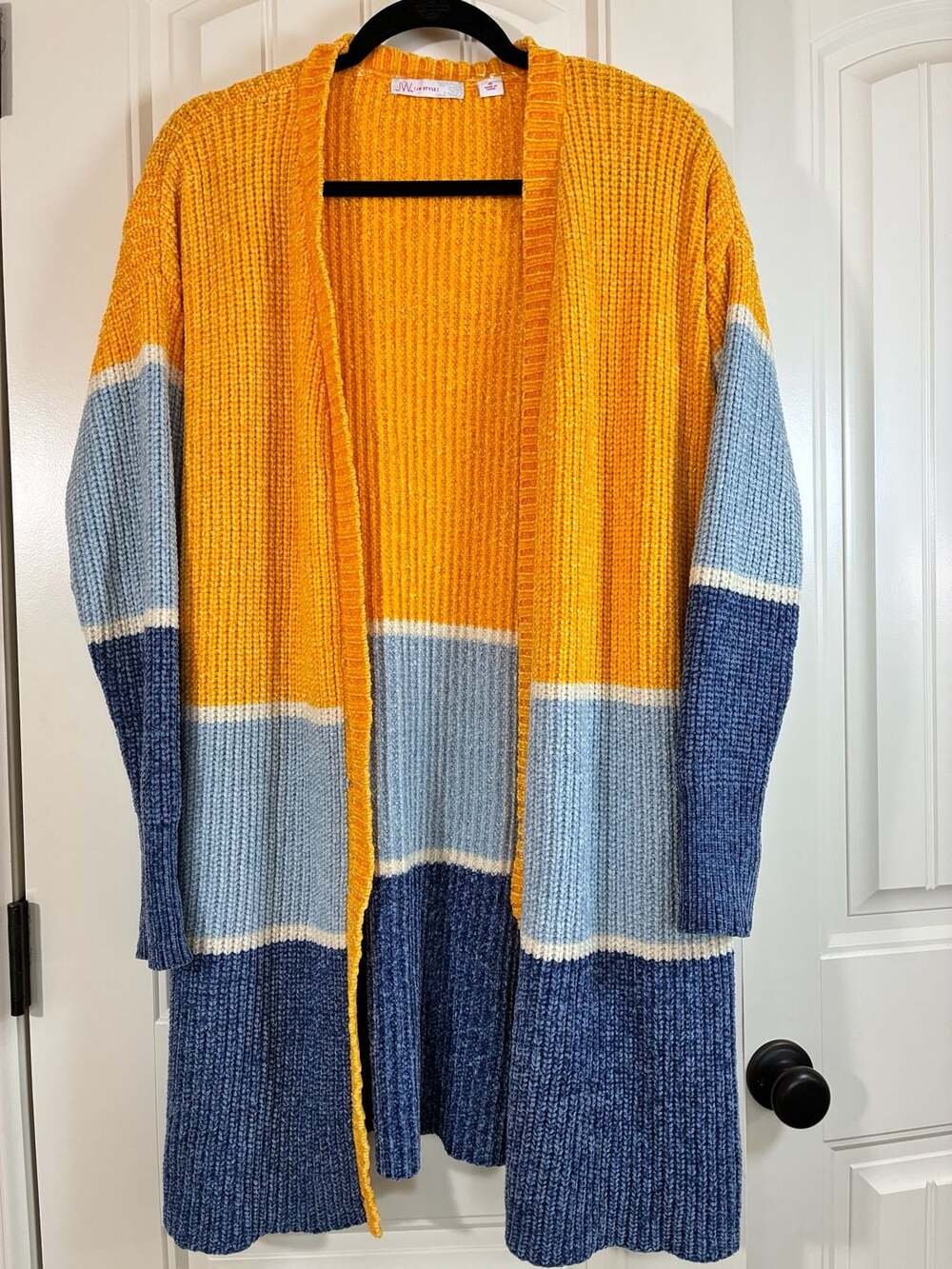 JW Style Colorblock Chenille Open Front Long Cardigan Sweater Yellow Blue